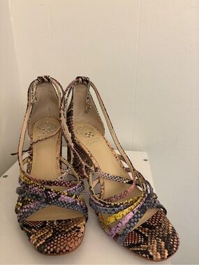 Vince Camuto Multicolor Snake-Print Strappy Heels in Pink, Yellow, Gray, Brown